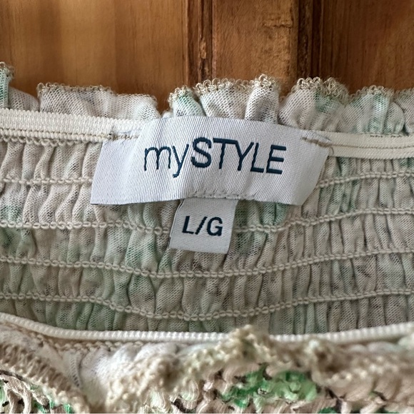 MyStyle 100% Cotton Off Shoulder Top Shirring Smocked Green Beige - Large - Picture 4 of 7